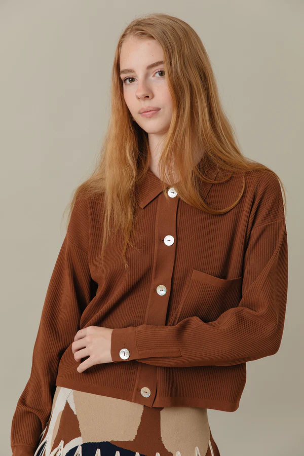 Ribbed Knit Loose Fit Blouse in Caramel