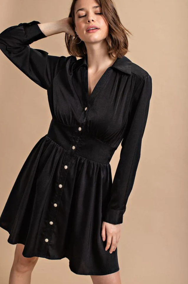 Satin Button Down Dress With Jeweled Buttons