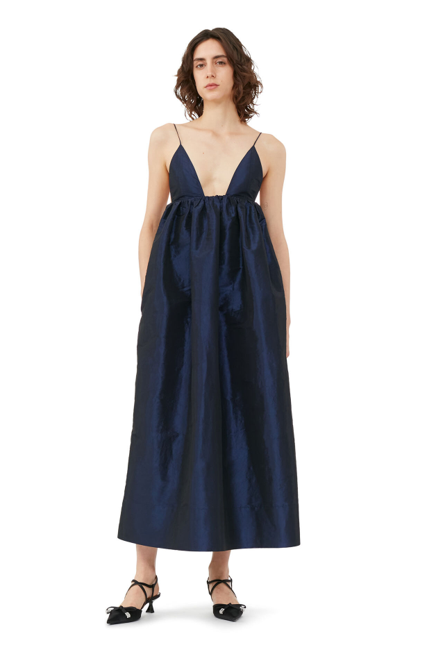 BLUE SHINY TAFFETA STRAP DRESS