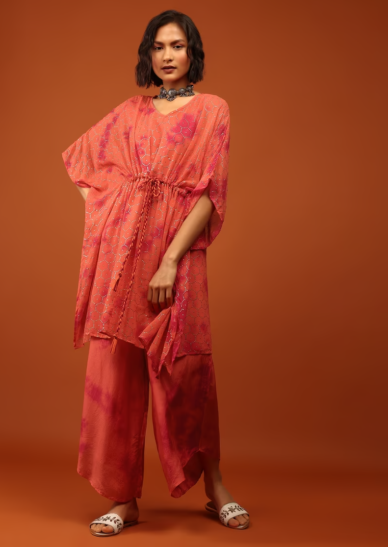 Fire Orange Tie Dye Kaftan Set In V Neckline With A Tie-Up Tassel Dori At The Front