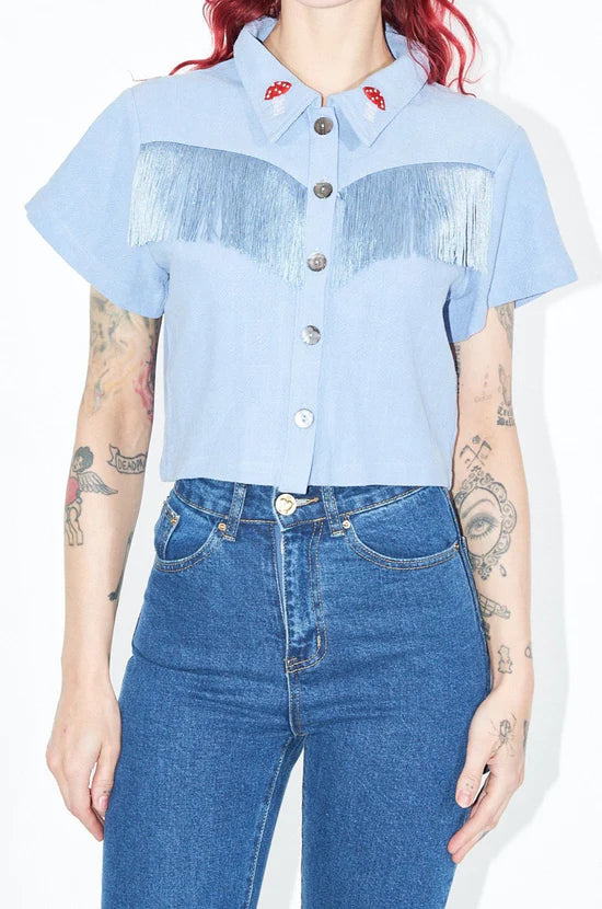 Blue Linen Mushroom Fringe Blouse