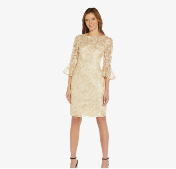 Bell Sleeve Rose Embroidered Sheath Dress in Midnight