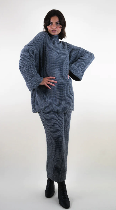 Ribbed Knit Set - Sweater & Skirt Grey
