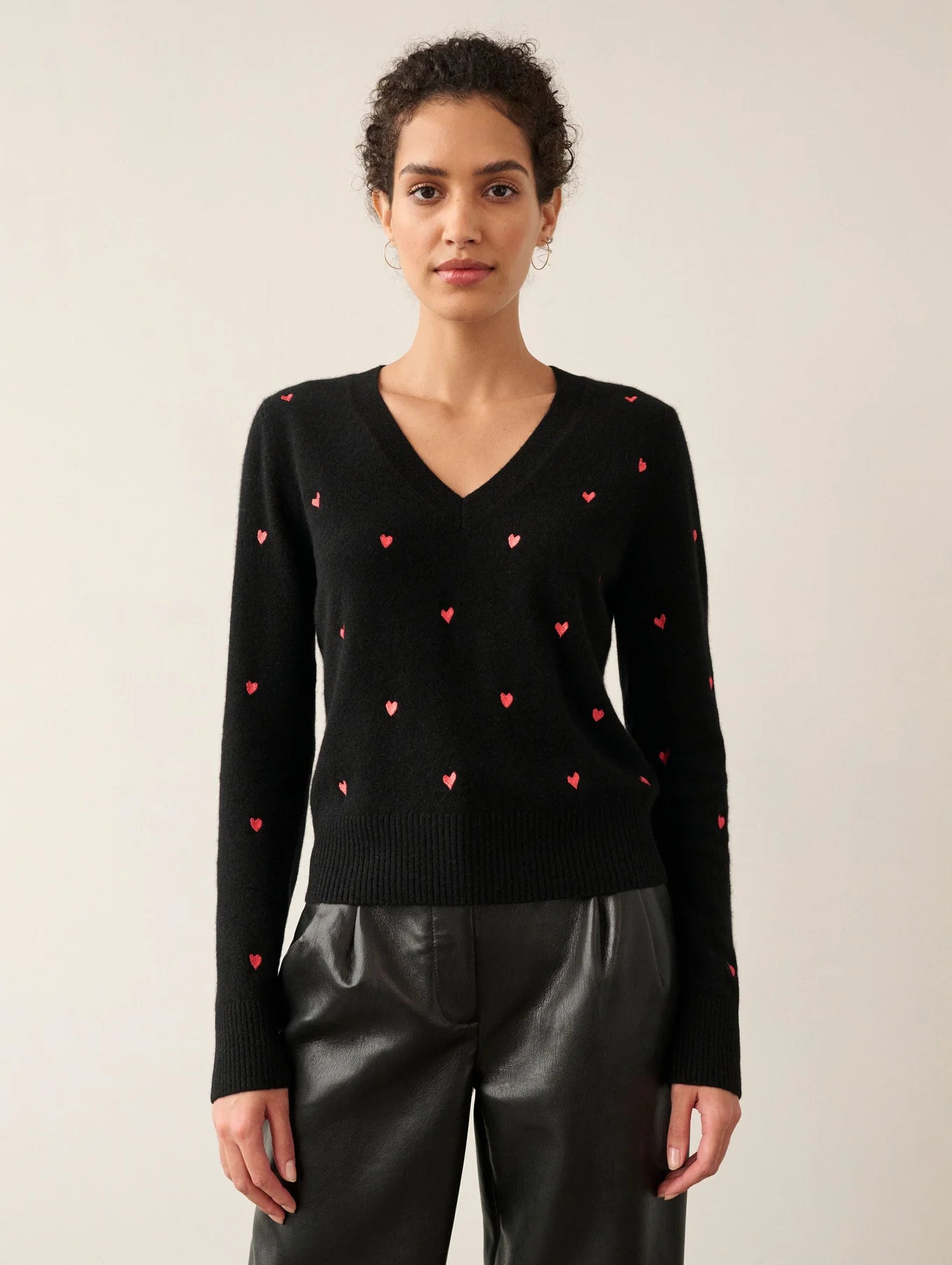 Cashmere Embroidered Heart V Neck