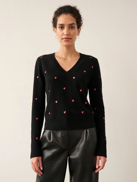 Cashmere Embroidered Heart V Neck