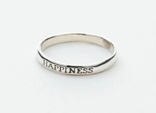 "Happiness" Script Skinny Band Ring in Silver