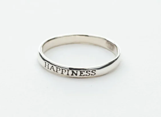 "Happiness" Script Skinny Band Ring in Silver