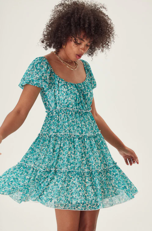 Teal Floral Tiered Dress