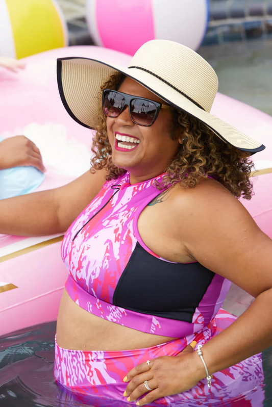 Half Zip Crop Bikini Top - Fuchsia Sunset