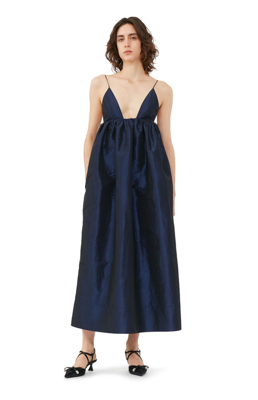 BLUE SHINY TAFFETA STRAP DRESS