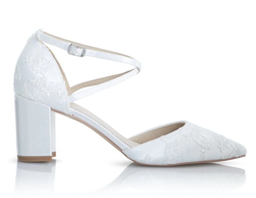 PERFECT BRIDAL MAISIE DYEABLE IVORY LACE BLOCK HEEL CROSS STRAP COURT SHOES