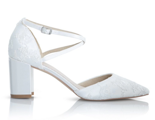 PERFECT BRIDAL MAISIE DYEABLE IVORY LACE BLOCK HEEL CROSS STRAP COURT SHOES