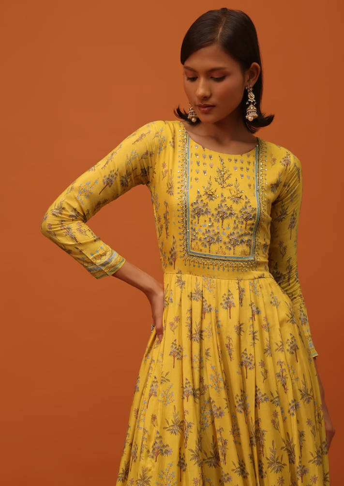 Chrome Yellow Satin Kurti With Sequins And Thread Work