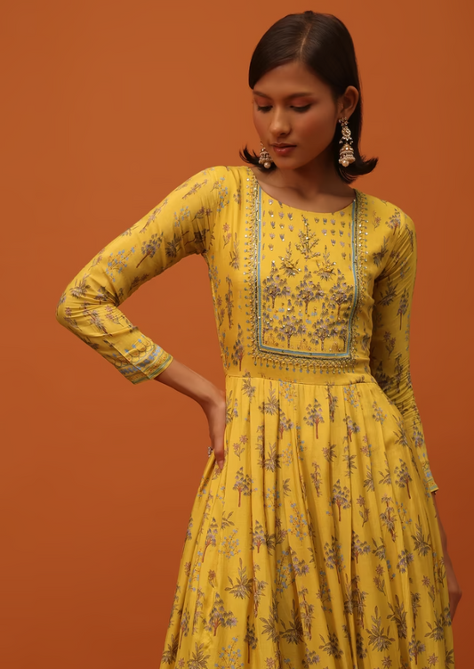 Chrome Yellow Satin Kurti With Sequins And Thread Work