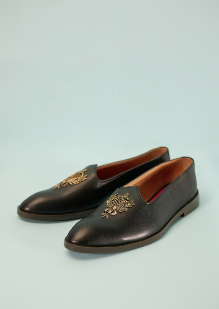 Light Beige Juttis In Suede With Zari Embroidered Motif