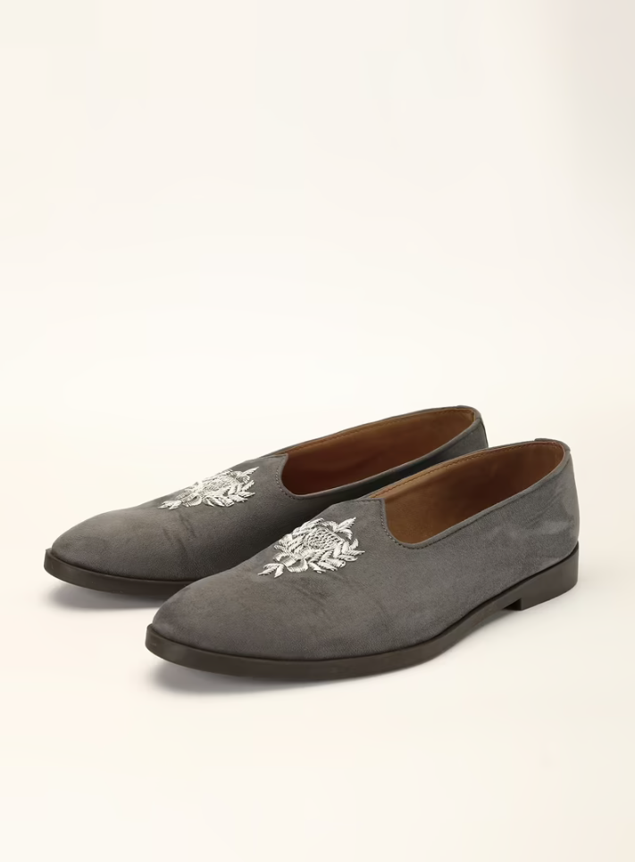 Light Beige Juttis In Suede With Zari Embroidered Motif