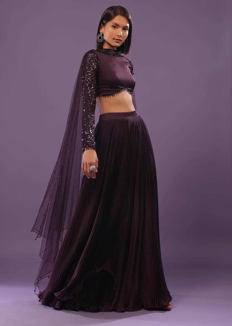 Wine Purple Embroidered Lehenga Set In Satin