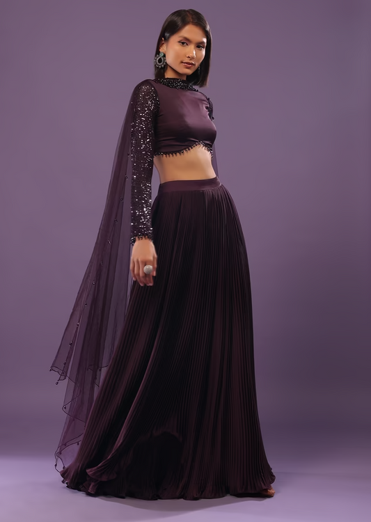 Wine Purple Embroidered Lehenga Set In Satin