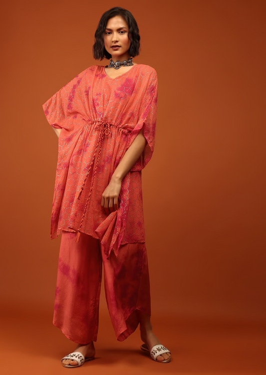 Fire Orange Tie Dye Kaftan Set In V Neckline With A Tie-Up Tassel Dori At The Front