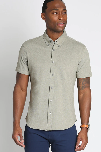 Olive Knit Oxford Stretch Short Sleeve Shirt
