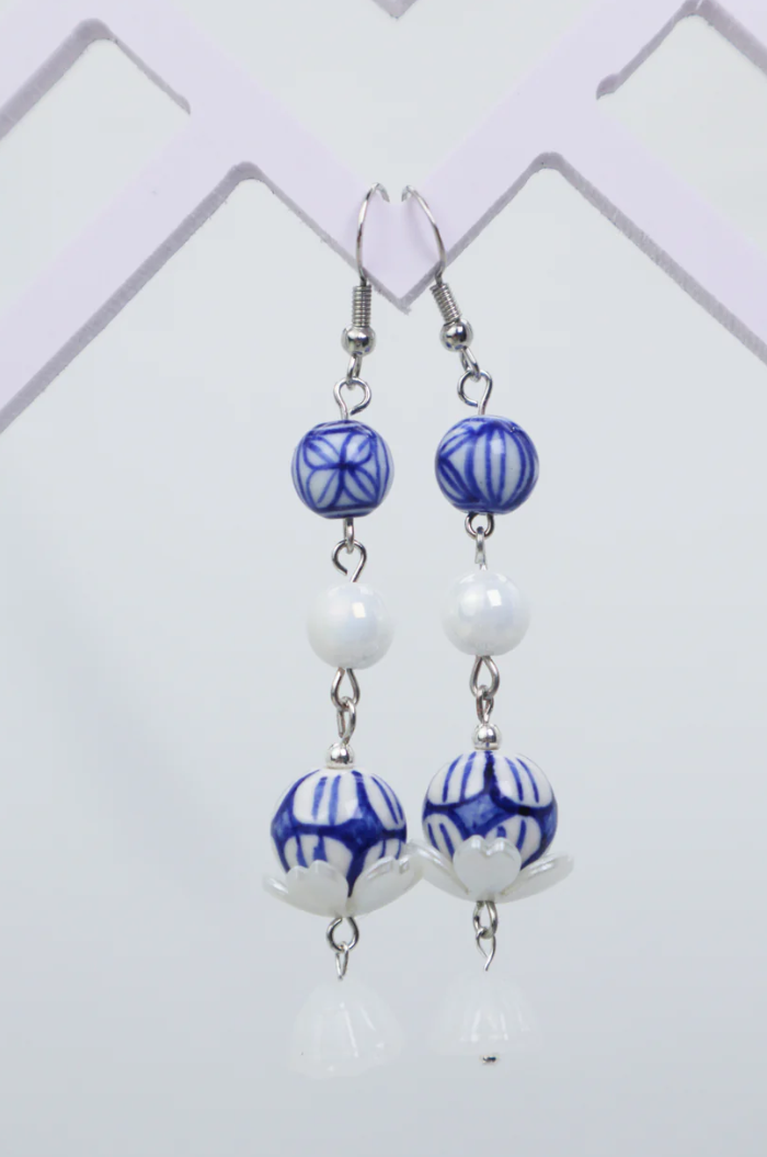 Hand-Drawing Ceramic Bead Drop Earrings
