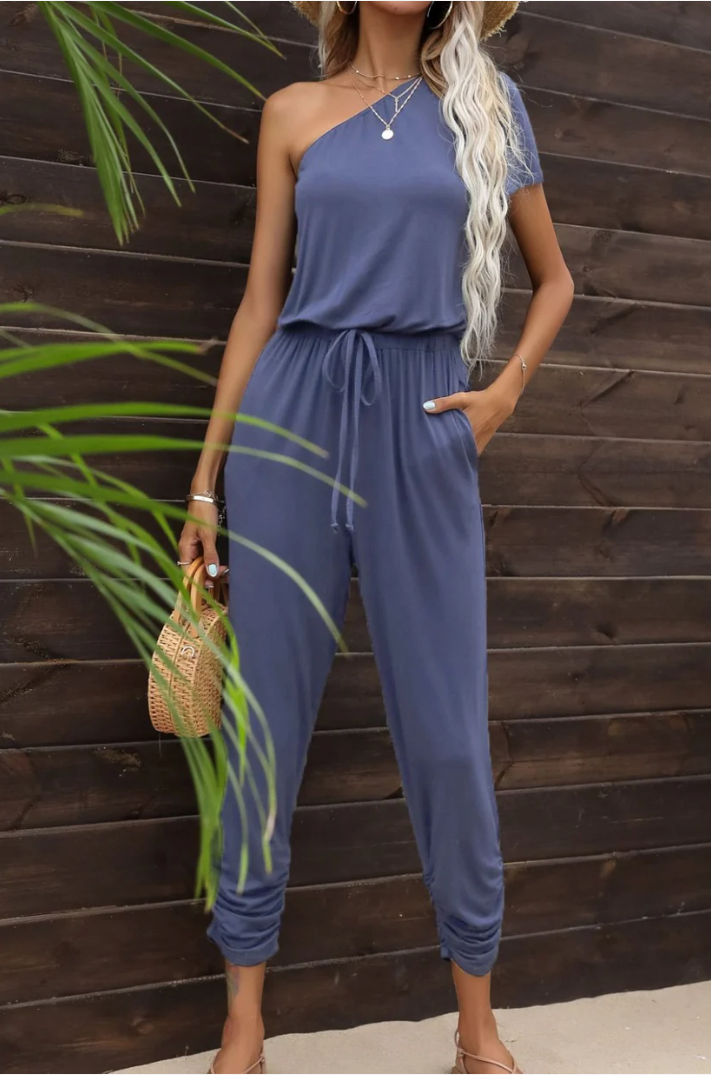 Drawstring Waist One-Shoulder Jumpsuit
