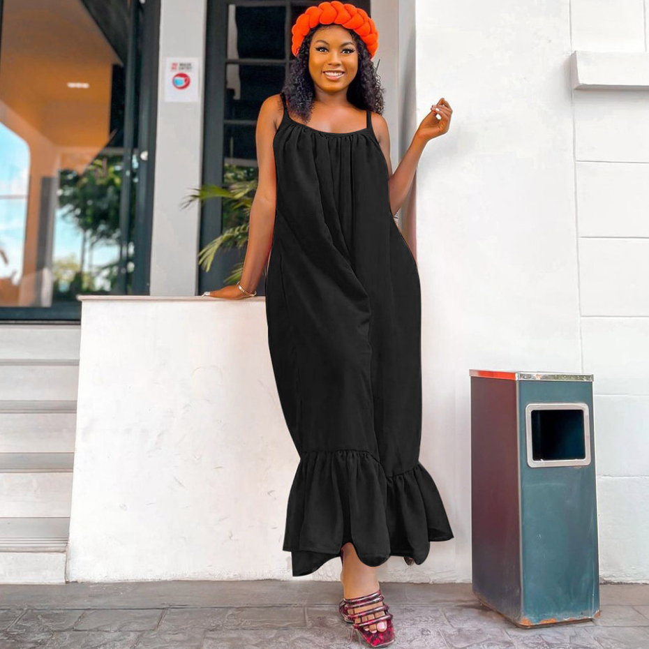 Women Solid Suspenders Loose Ruffles Jumpsuit