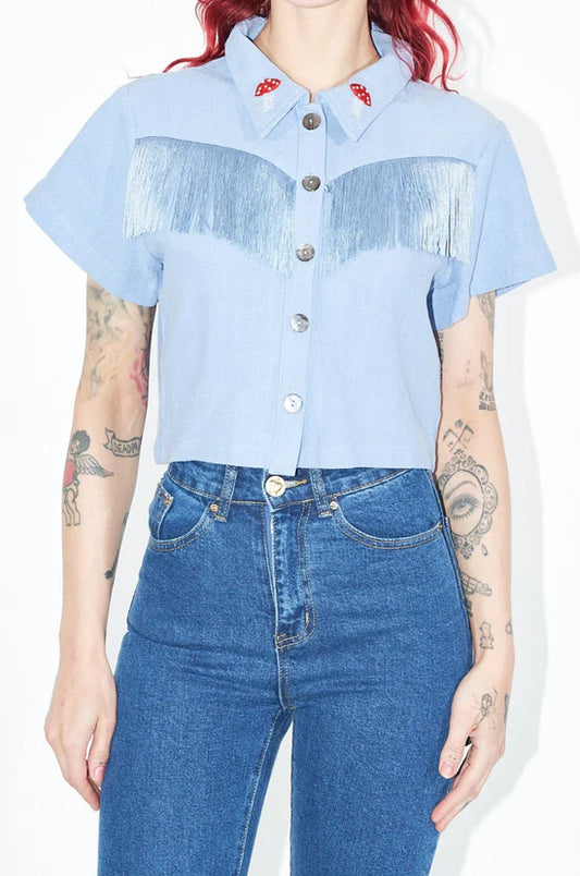 Blue Linen Mushroom Fringe Blouse