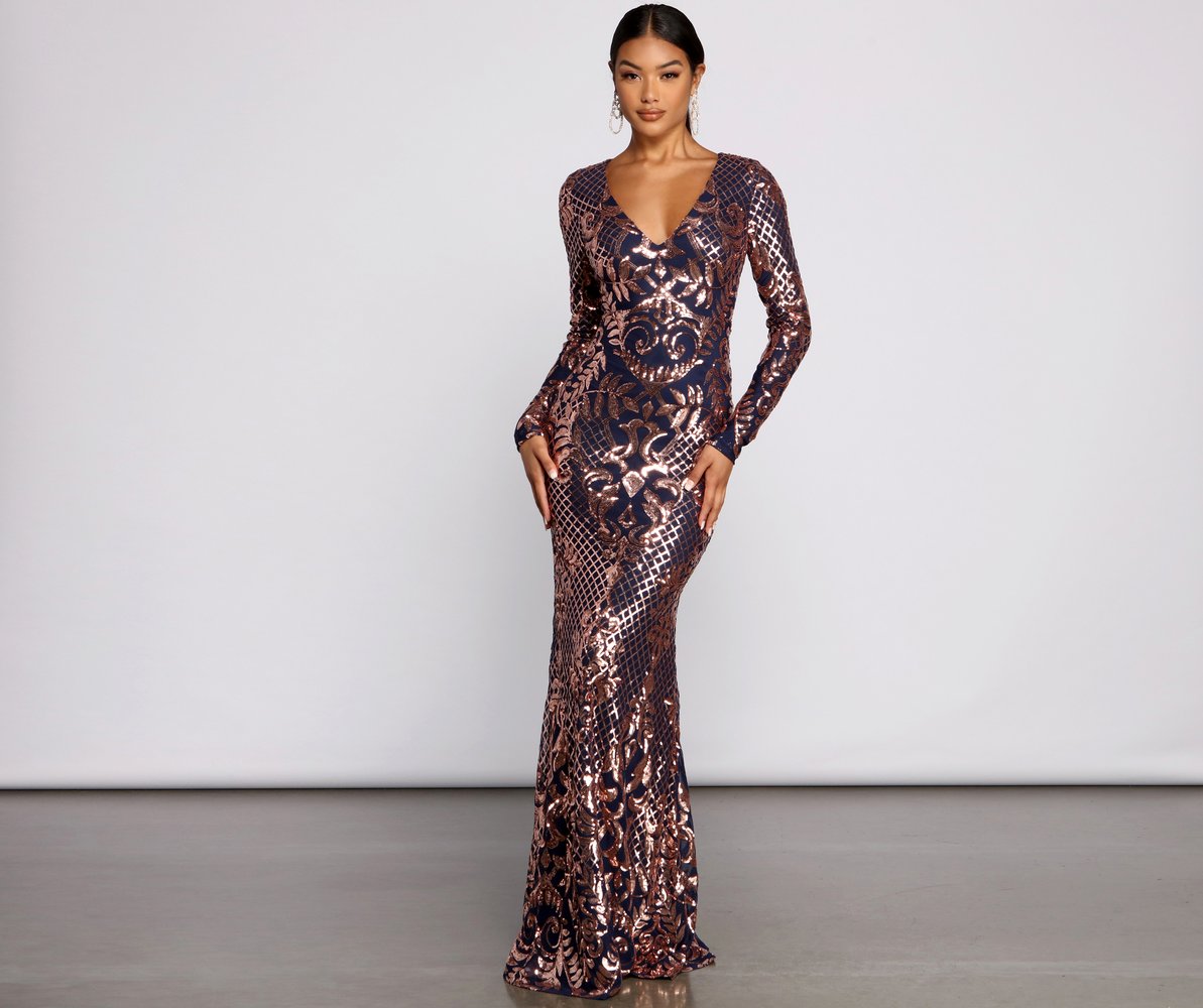 AYLA FORMAL LONG SLEEVE SEQUIN SCROLL DRESS