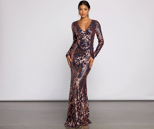 AYLA FORMAL LONG SLEEVE SEQUIN SCROLL DRESS