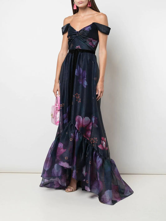 Navy Floral Organza Gown