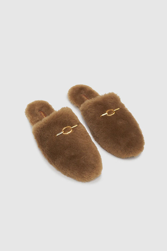 ANINE BING Shearling Mules - Camel