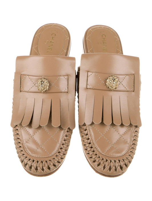 CHANEL Leather Tassel Accents Mules