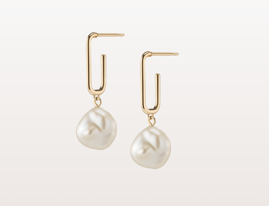 Organic Pearl Drop Rectangle Hoop Earrings