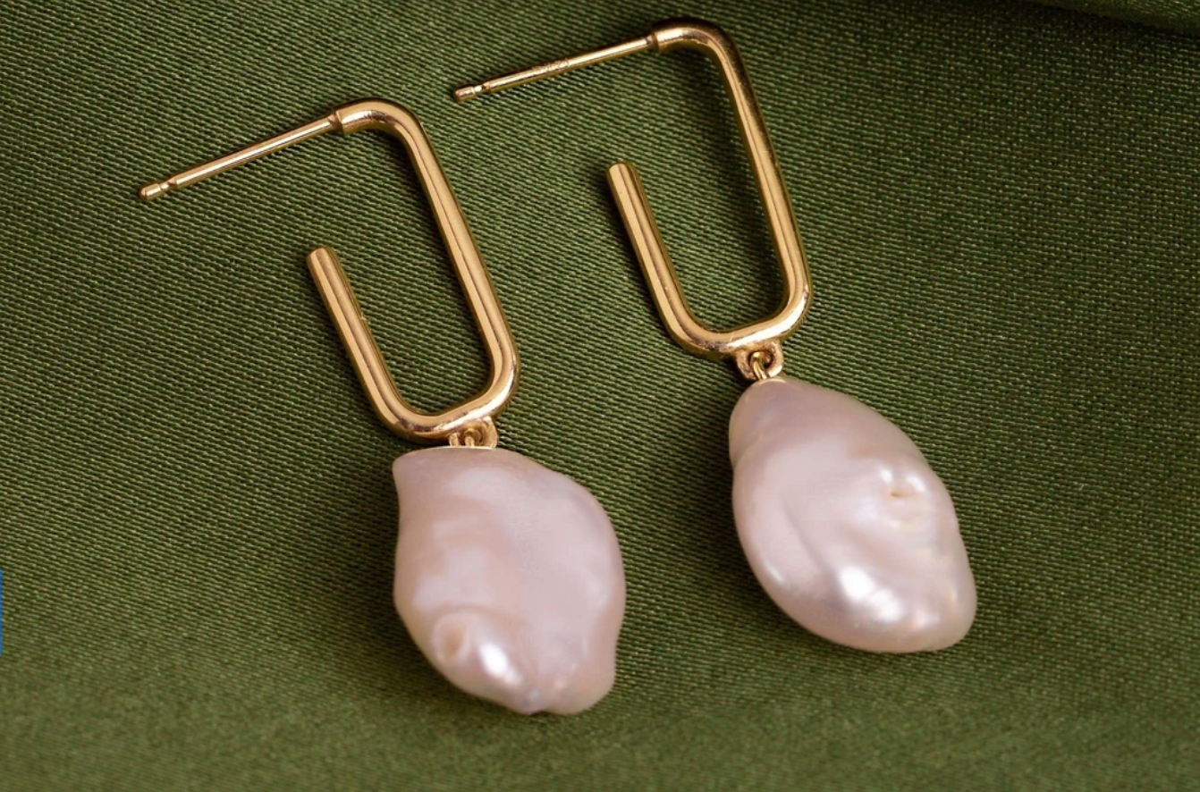 Organic Pearl Drop Rectangle Hoop Earrings