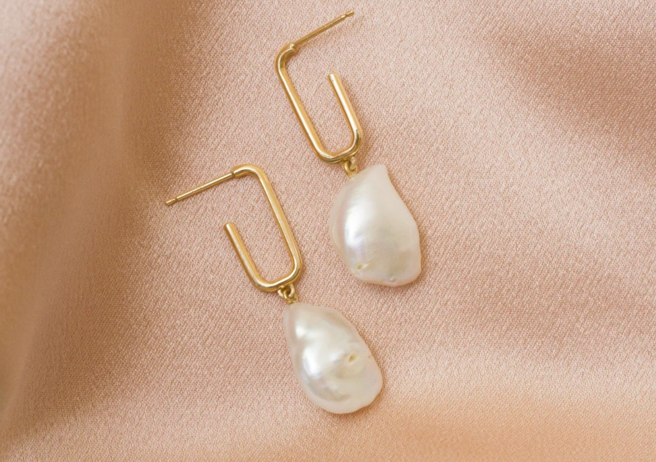 Organic Pearl Drop Rectangle Hoop Earrings