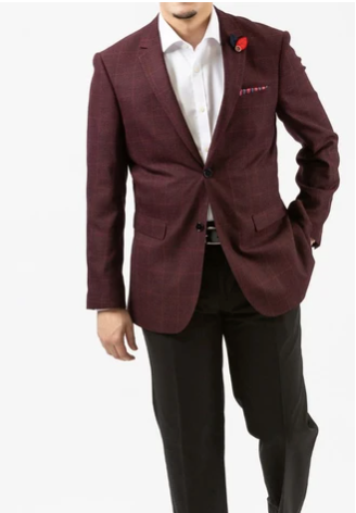 BURGUNDY WINDOWPANE CHECK SLIM FIT SPORT JACKET