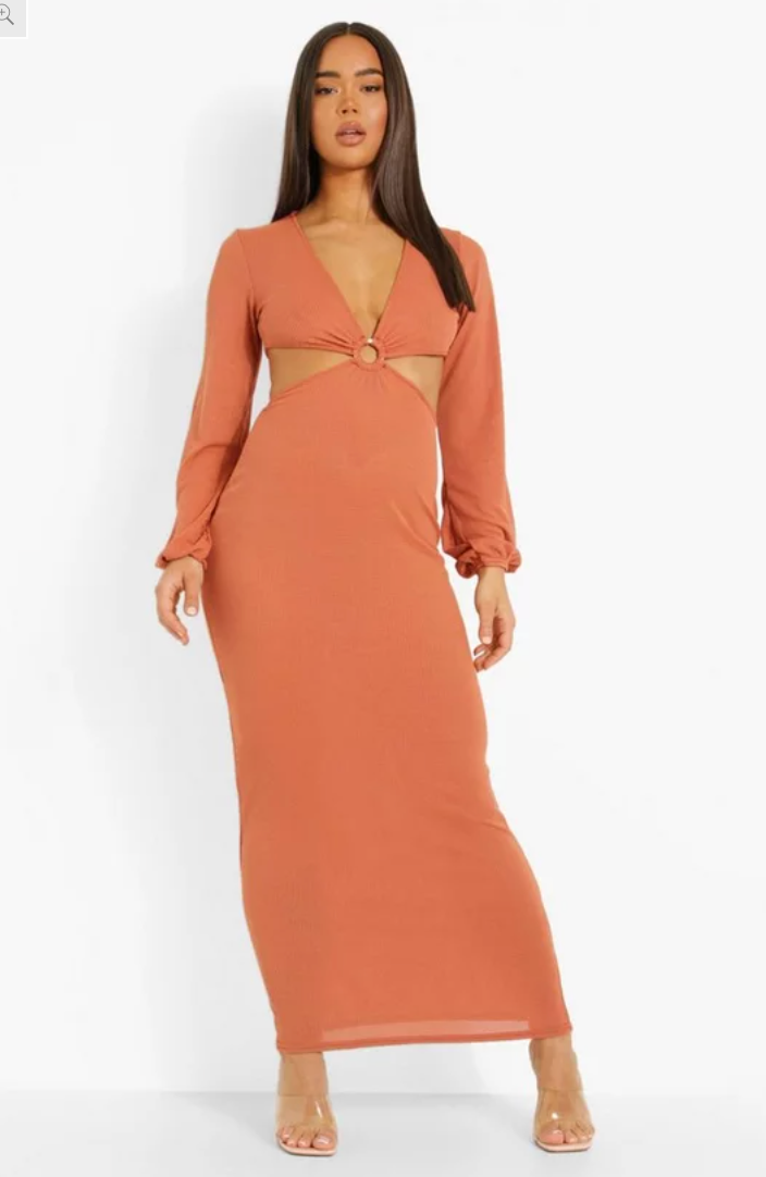 Long Sleeve Plunge D-ring Maxi Dress