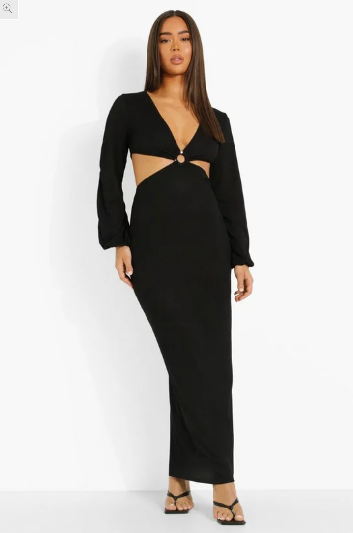 Long Sleeve Plunge D-ring Maxi Dress