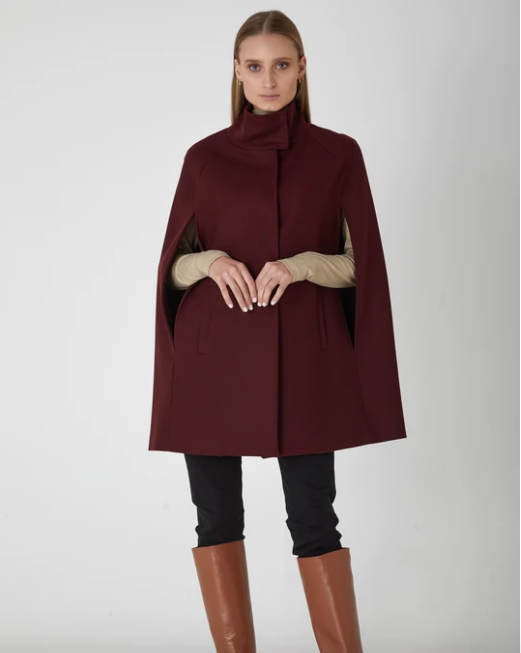 Single Breasted Wool Cashmere Cape - Bordeaux