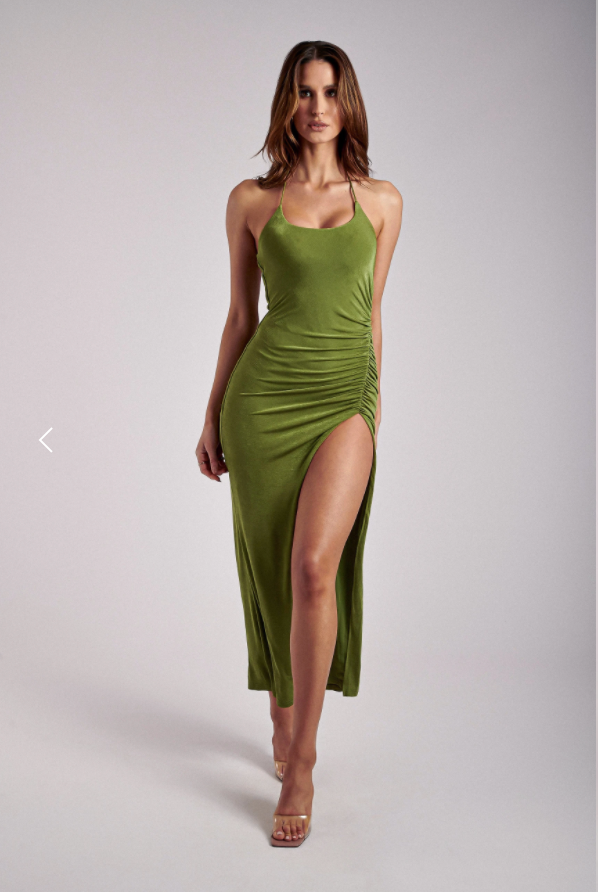 ALLISON Jersey Ruched Split Maxi Dress