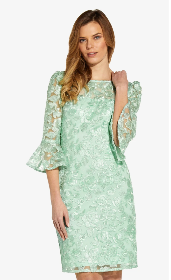 Bell Sleeve Rose Embroidered Sheath Dress in Midnight