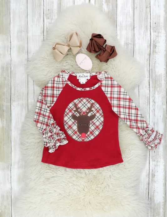 Red Plaid Reindeer Ruffle Shirt