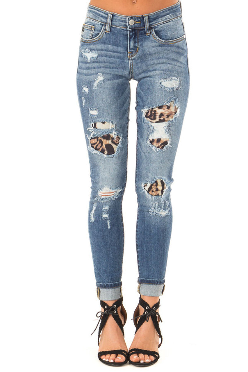Medium Wash Distressed Skinny Jean with Leopard Patch